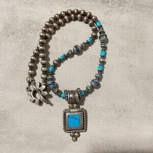 Handmade Sterling Silver Turquoise Pendant Beaded Necklace 18.5" Signed 46.25 g